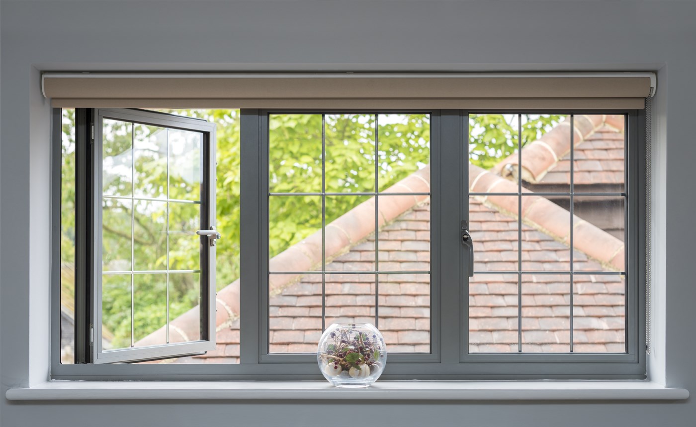OW 70 Slimline Aliminium Casement window in grey with window open